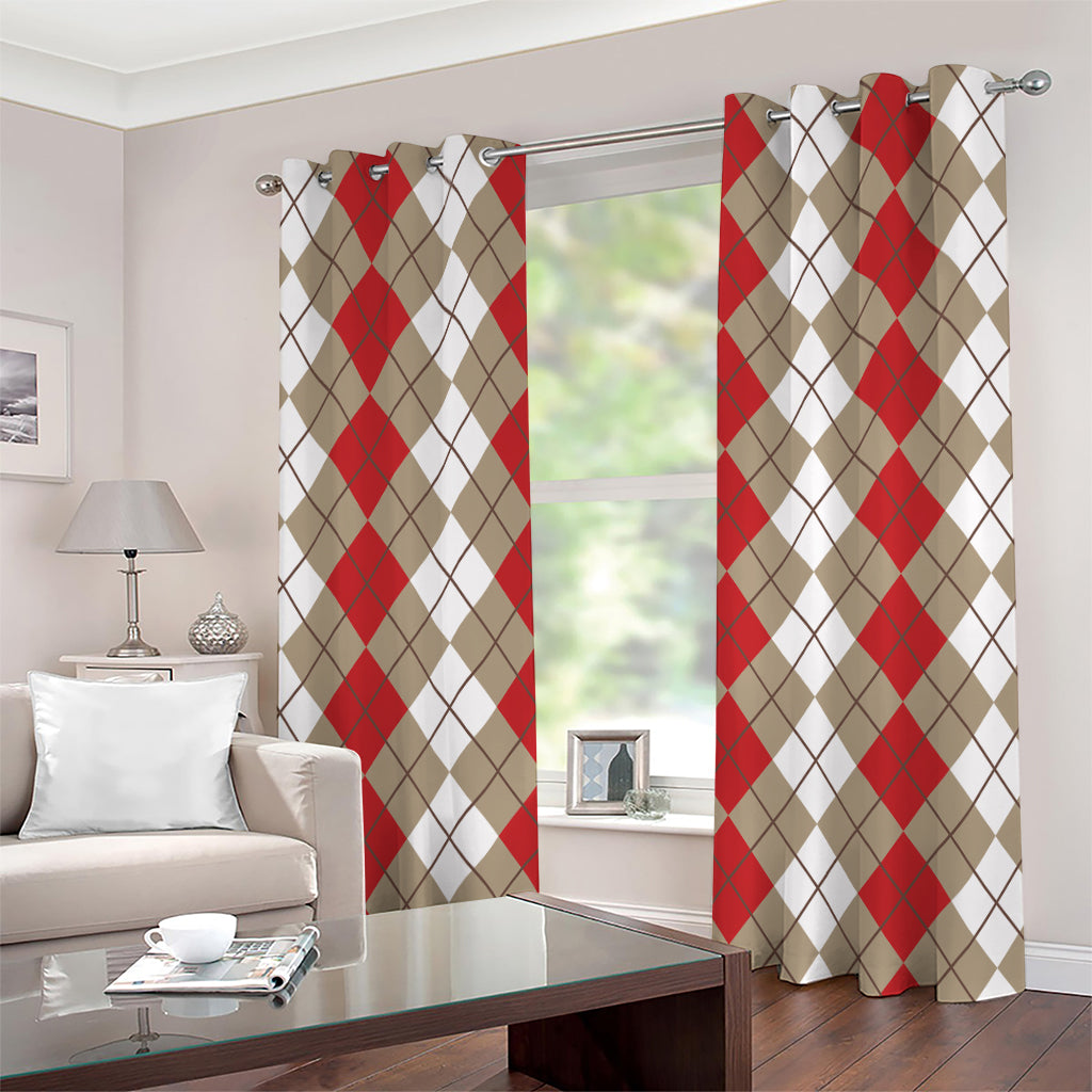 Red Beige And White Argyle Pattern Print Grommet Curtains