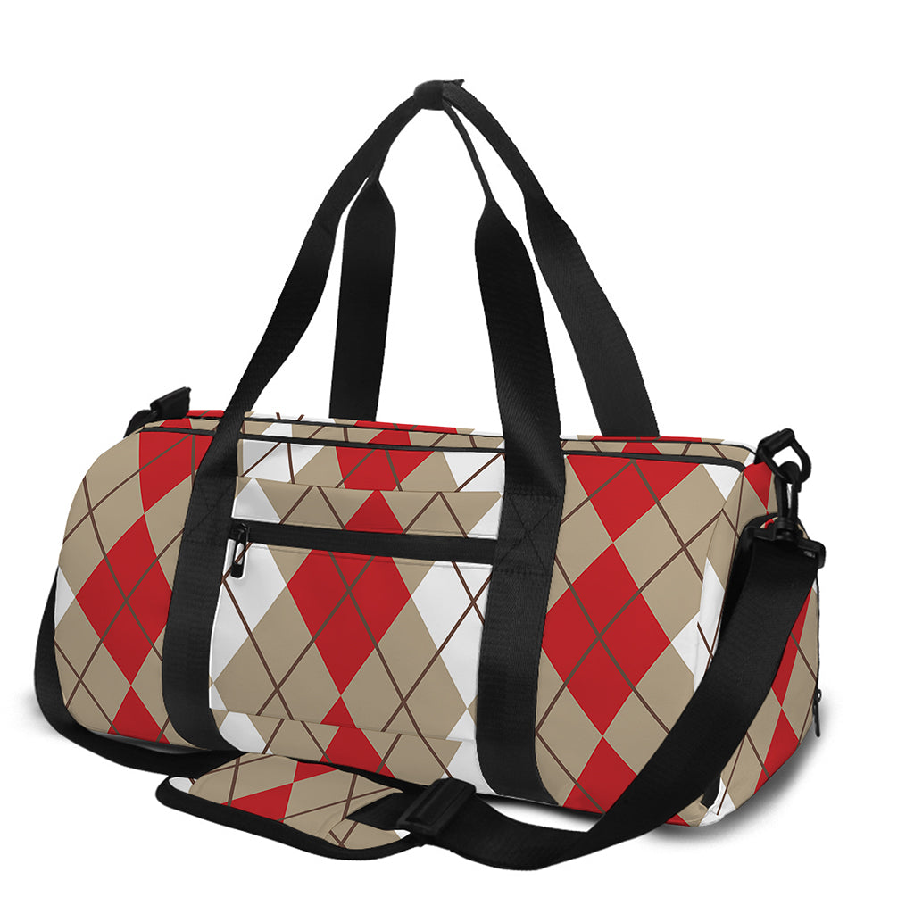 Red Beige And White Argyle Pattern Print Gym Bag
