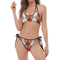 Red Beige And White Argyle Pattern Print Halter Scoop Tie Side Bikini