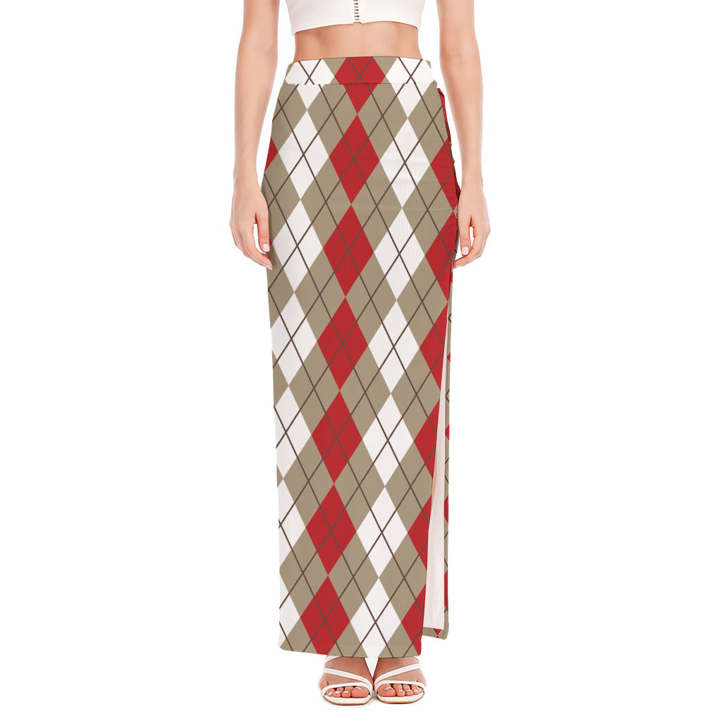 Red Beige And White Argyle Pattern Print High Slit Maxi Skirt