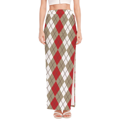 Red Beige And White Argyle Pattern Print High Slit Maxi Skirt