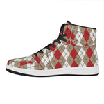 Red Beige And White Argyle Pattern Print High Top Leather Sneakers