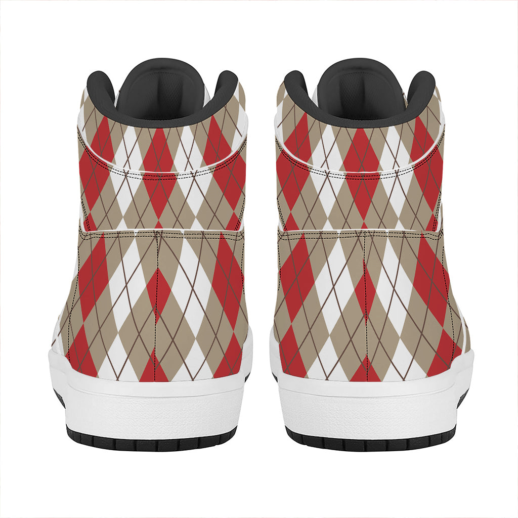 Red Beige And White Argyle Pattern Print High Top Leather Sneakers
