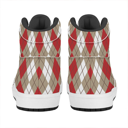 Red Beige And White Argyle Pattern Print High Top Leather Sneakers