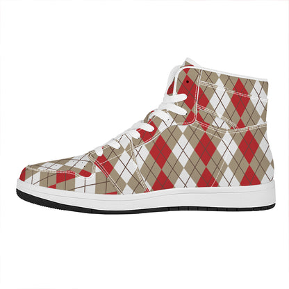 Red Beige And White Argyle Pattern Print High Top Leather Sneakers