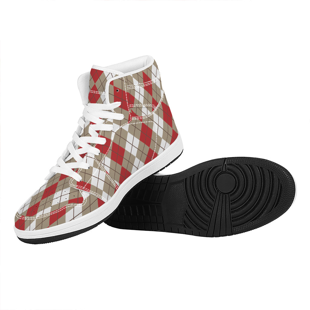 Red Beige And White Argyle Pattern Print High Top Leather Sneakers