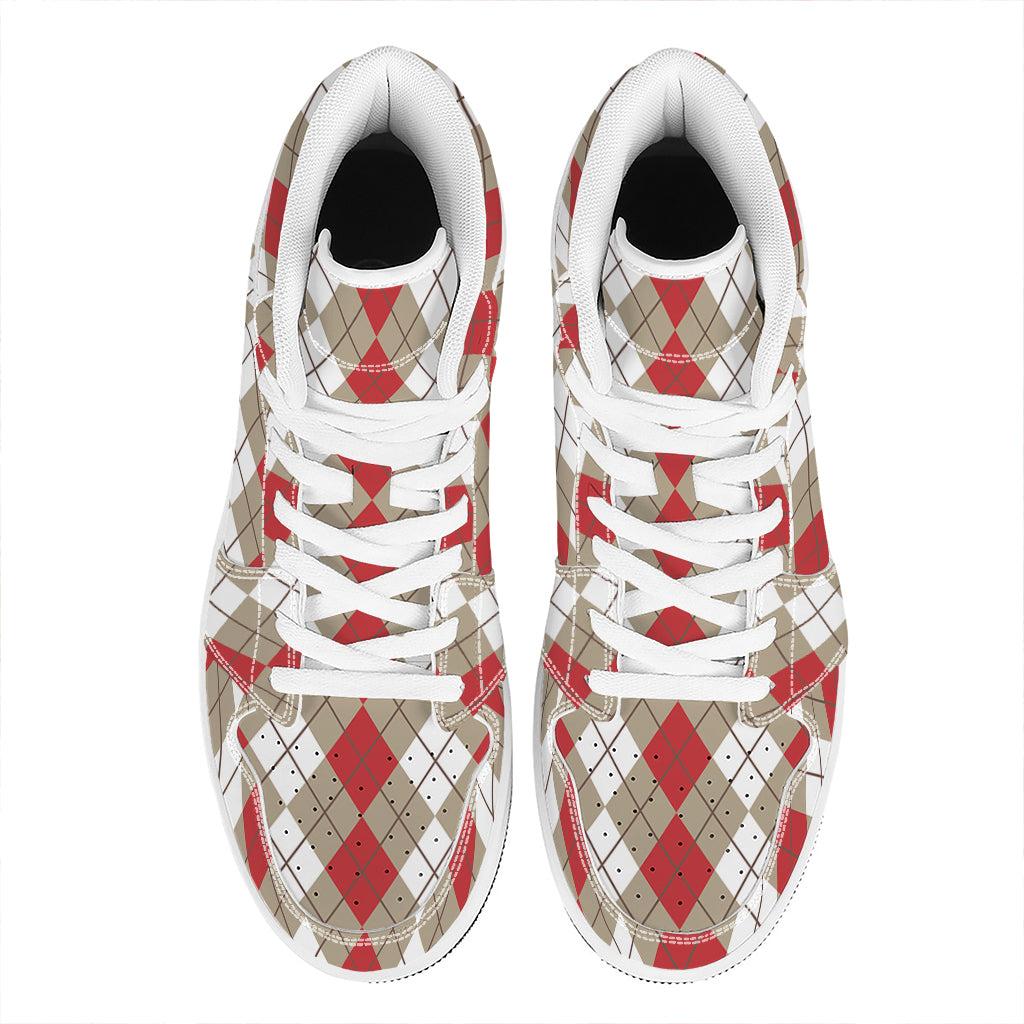 Red Beige And White Argyle Pattern Print High Top Leather Sneakers