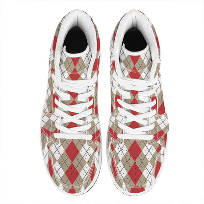 Red Beige And White Argyle Pattern Print High Top Leather Sneakers