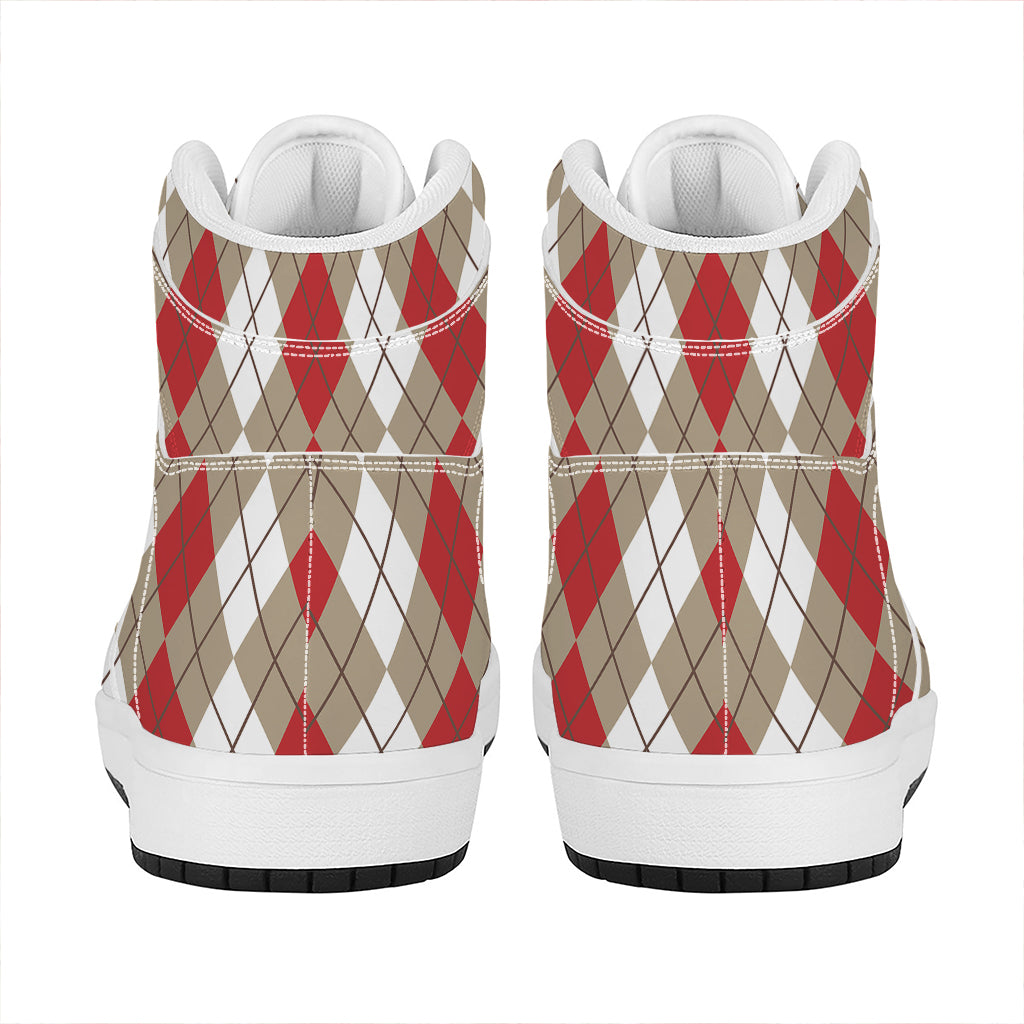 Red Beige And White Argyle Pattern Print High Top Leather Sneakers