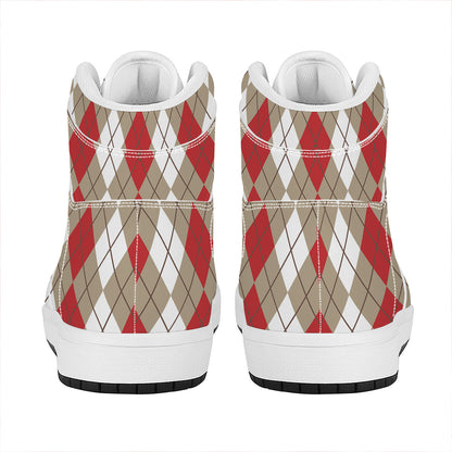 Red Beige And White Argyle Pattern Print High Top Leather Sneakers