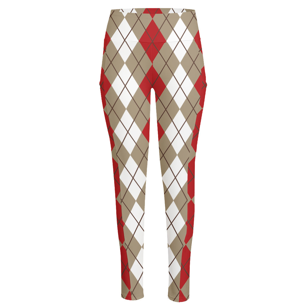 Red Beige And White Argyle Pattern Print High-Waisted Pocket Leggings