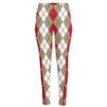 Red Beige And White Argyle Pattern Print High-Waisted Pocket Leggings