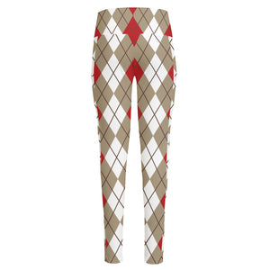 Red Beige And White Argyle Pattern Print High-Waisted Pocket Leggings