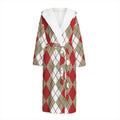 Red Beige And White Argyle Pattern Print Hooded Bathrobe