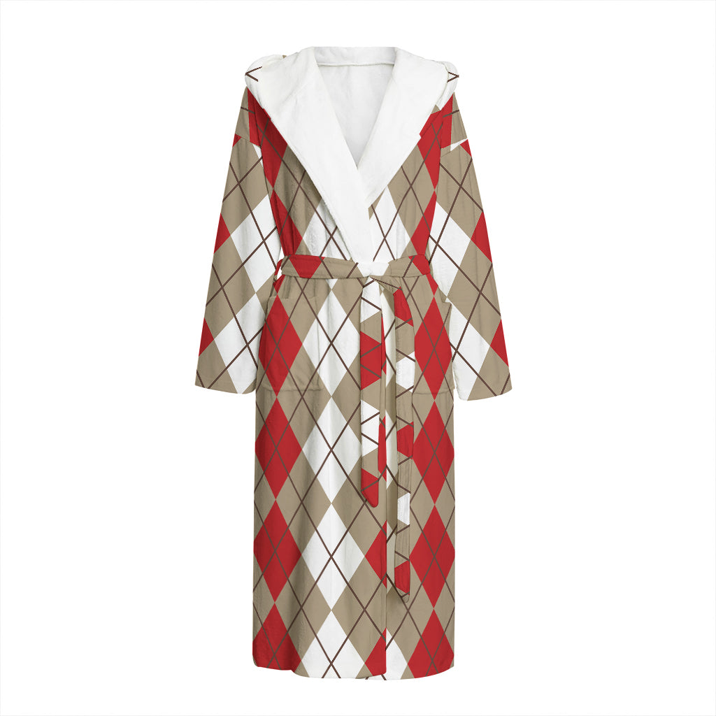 Red Beige And White Argyle Pattern Print Hooded Bathrobe