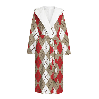 Red Beige And White Argyle Pattern Print Hooded Bathrobe