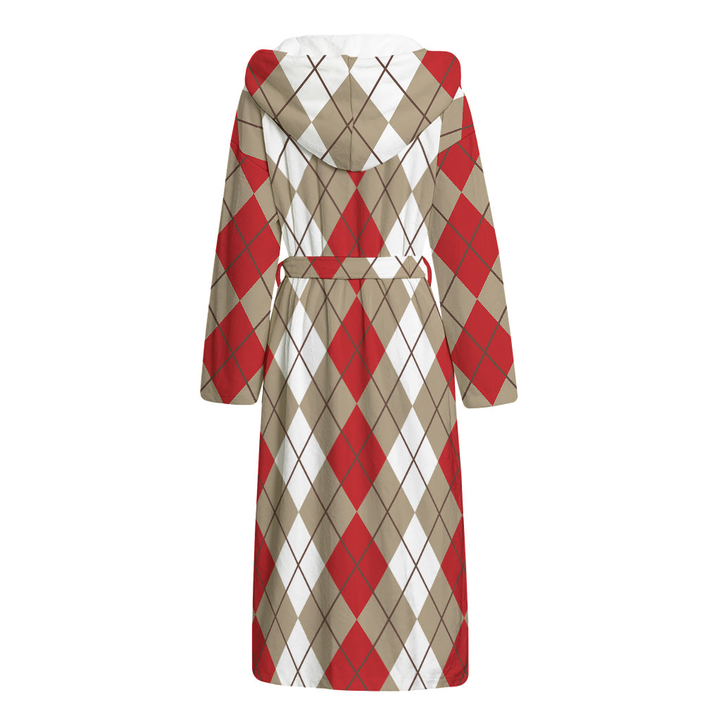 Red Beige And White Argyle Pattern Print Hooded Bathrobe