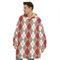 Red Beige And White Argyle Pattern Print Hoodie Blanket