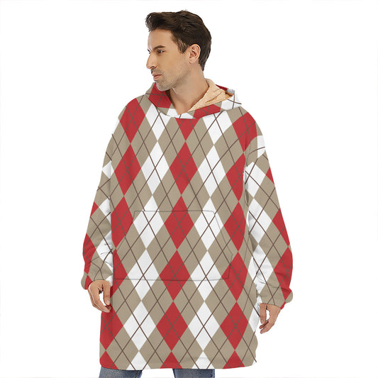 Red Beige And White Argyle Pattern Print Hoodie Blanket