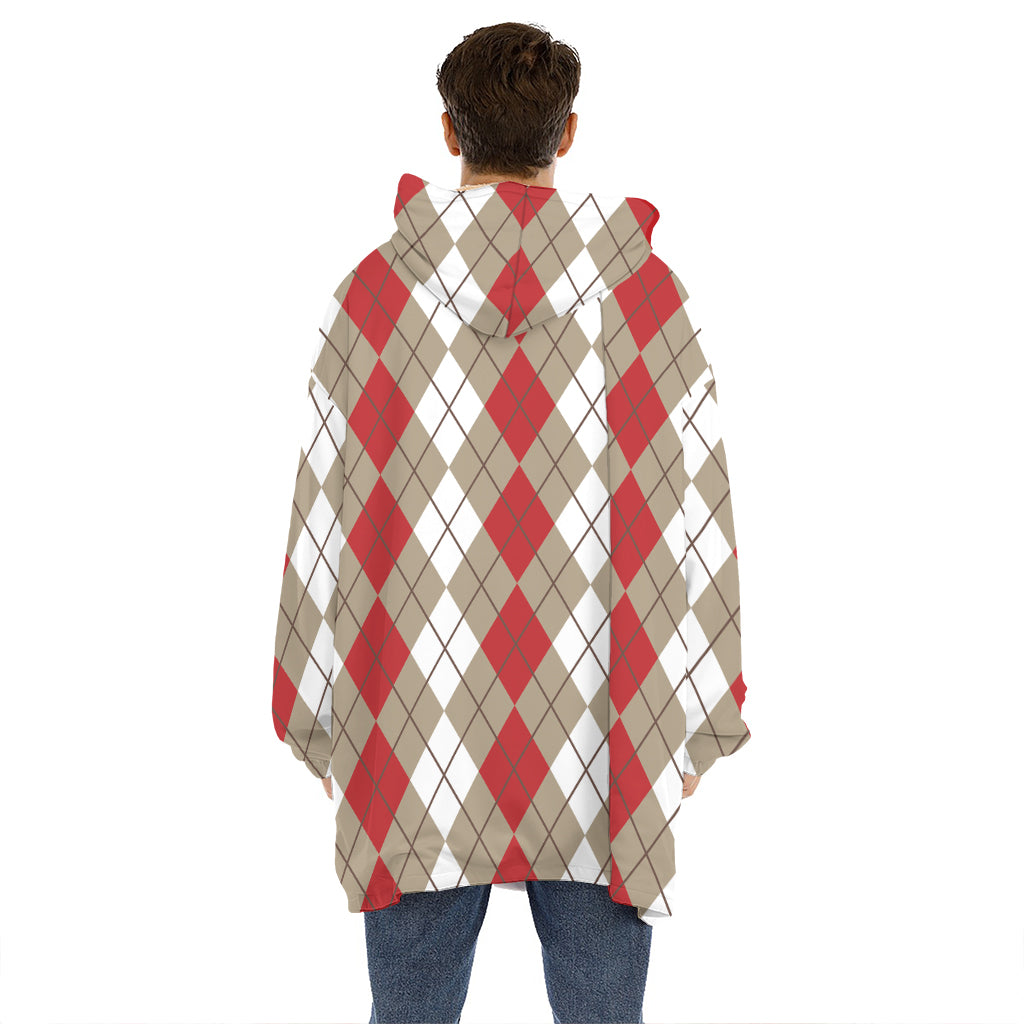 Red Beige And White Argyle Pattern Print Hoodie Blanket
