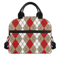 Red Beige And White Argyle Pattern Print Insulated Lunch Bag