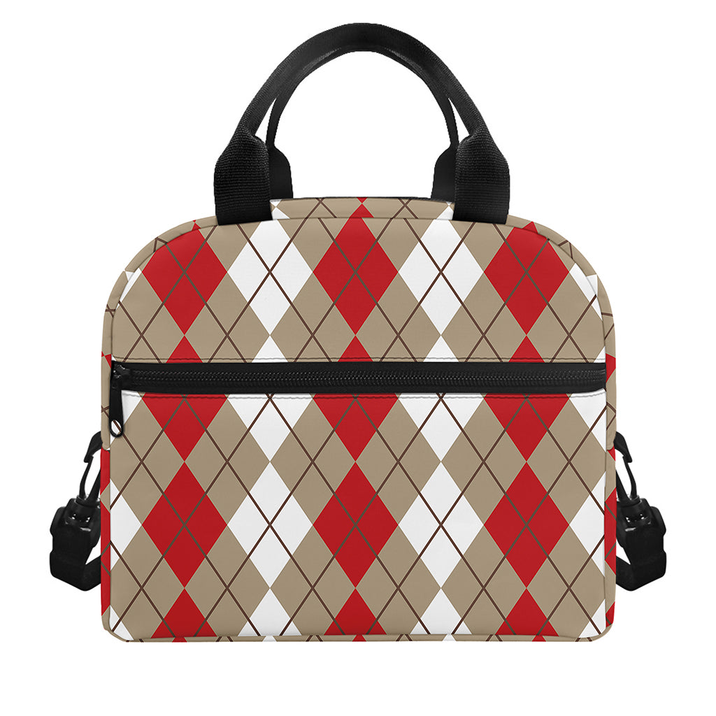 Red Beige And White Argyle Pattern Print Insulated Lunch Bag
