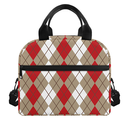 Red Beige And White Argyle Pattern Print Insulated Lunch Bag