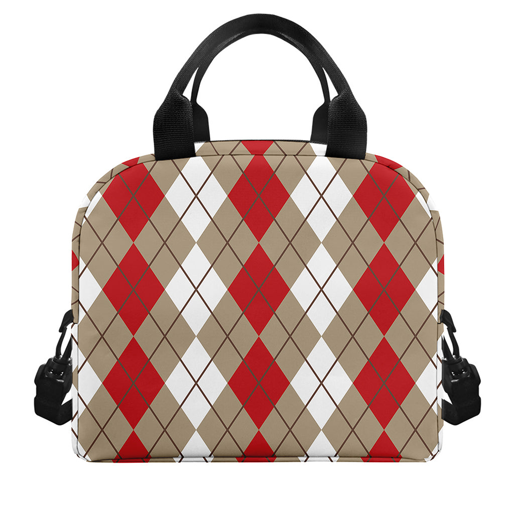 Red Beige And White Argyle Pattern Print Insulated Lunch Bag