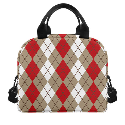 Red Beige And White Argyle Pattern Print Insulated Lunch Bag