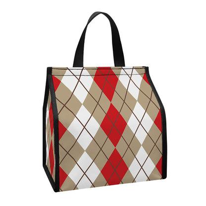 Red Beige And White Argyle Pattern Print Insulated Lunch Tote