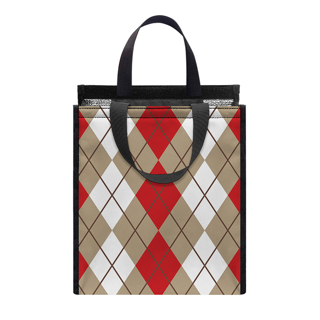 Red Beige And White Argyle Pattern Print Insulated Lunch Tote