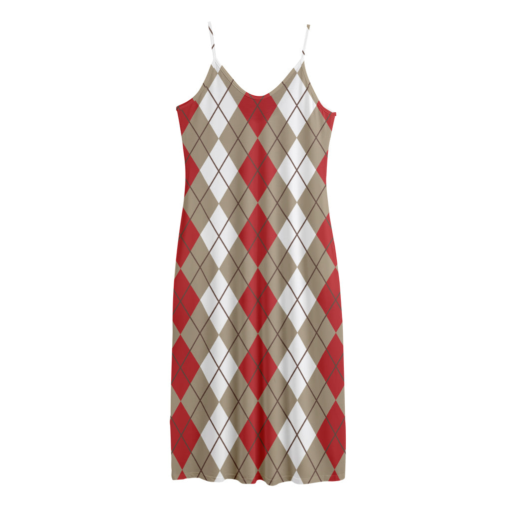Red Beige And White Argyle Pattern Print Jersey Midi Cami Dress
