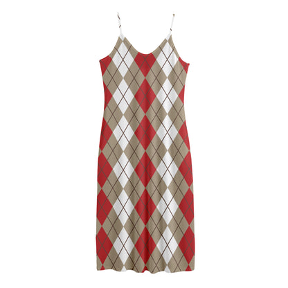 Red Beige And White Argyle Pattern Print Jersey Midi Cami Dress