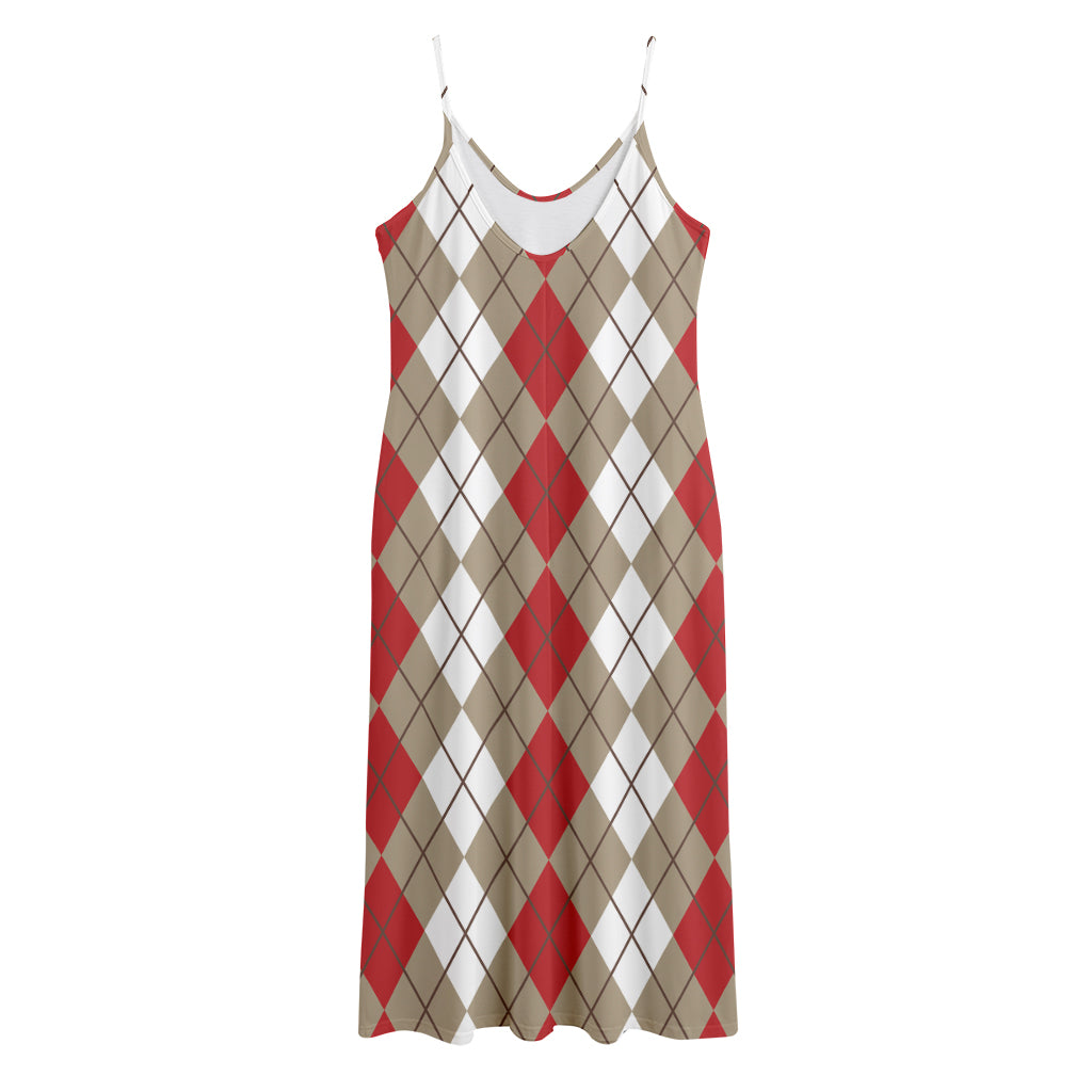 Red Beige And White Argyle Pattern Print Jersey Midi Cami Dress