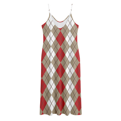 Red Beige And White Argyle Pattern Print Jersey Midi Cami Dress