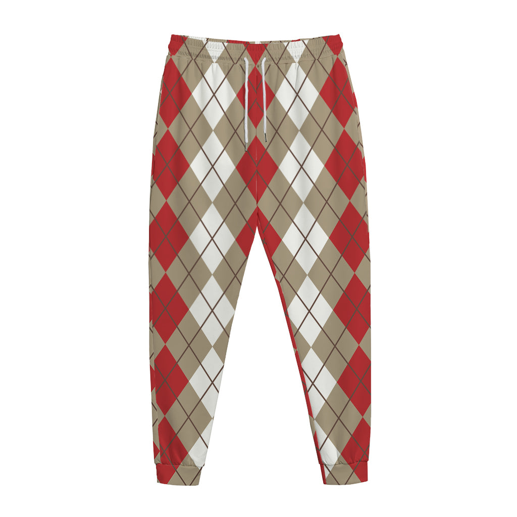 Red Beige And White Argyle Pattern Print Jogger Pants