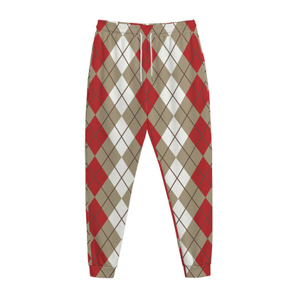 Red Beige And White Argyle Pattern Print Jogger Pants
