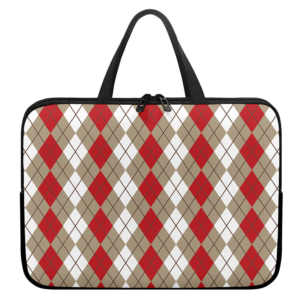 Red Beige And White Argyle Pattern Print Laptop Sleeve With Handle