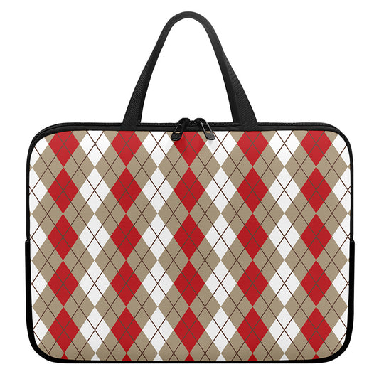 Red Beige And White Argyle Pattern Print Laptop Sleeve With Handle