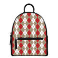 Red Beige And White Argyle Pattern Print Leather Backpack