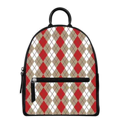 Red Beige And White Argyle Pattern Print Leather Backpack