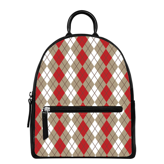 Red Beige And White Argyle Pattern Print Leather Backpack