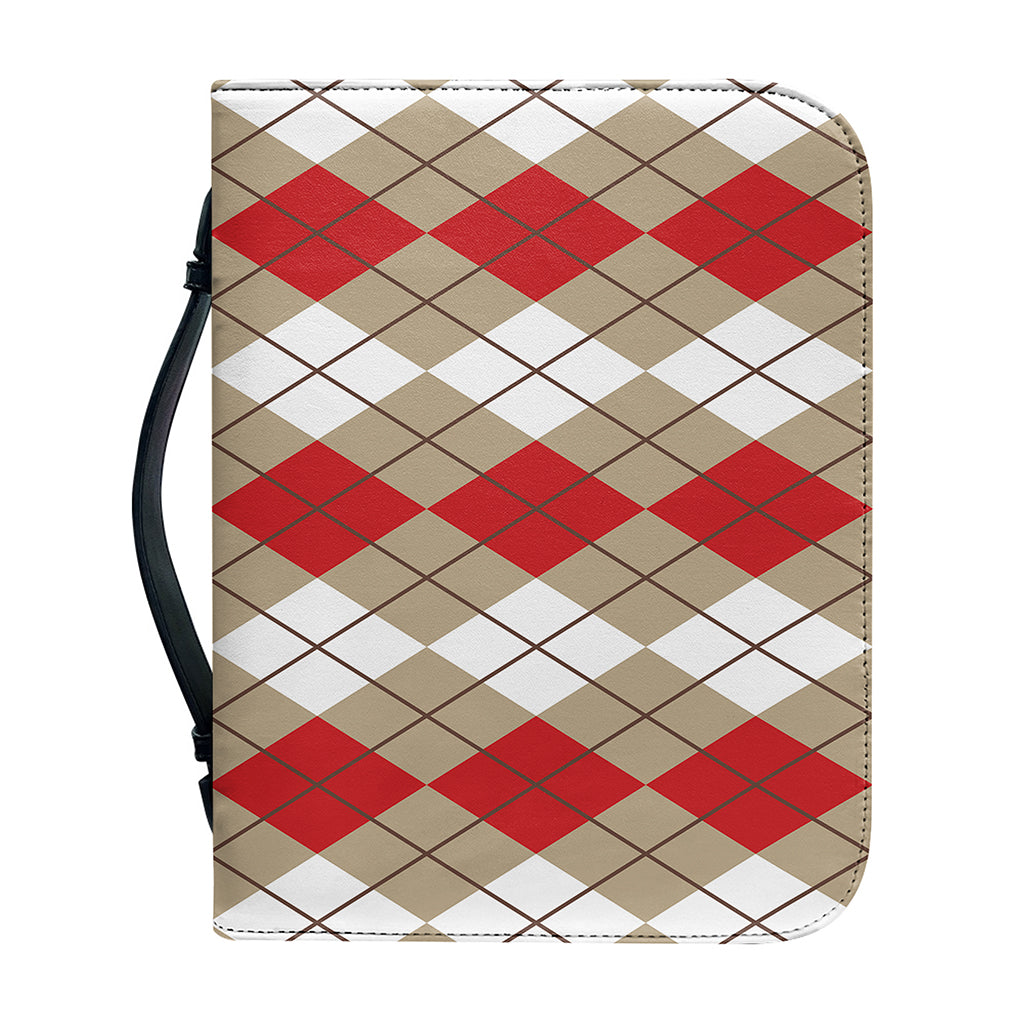 Red Beige And White Argyle Pattern Print Leather Bible Cover