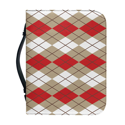 Red Beige And White Argyle Pattern Print Leather Bible Cover