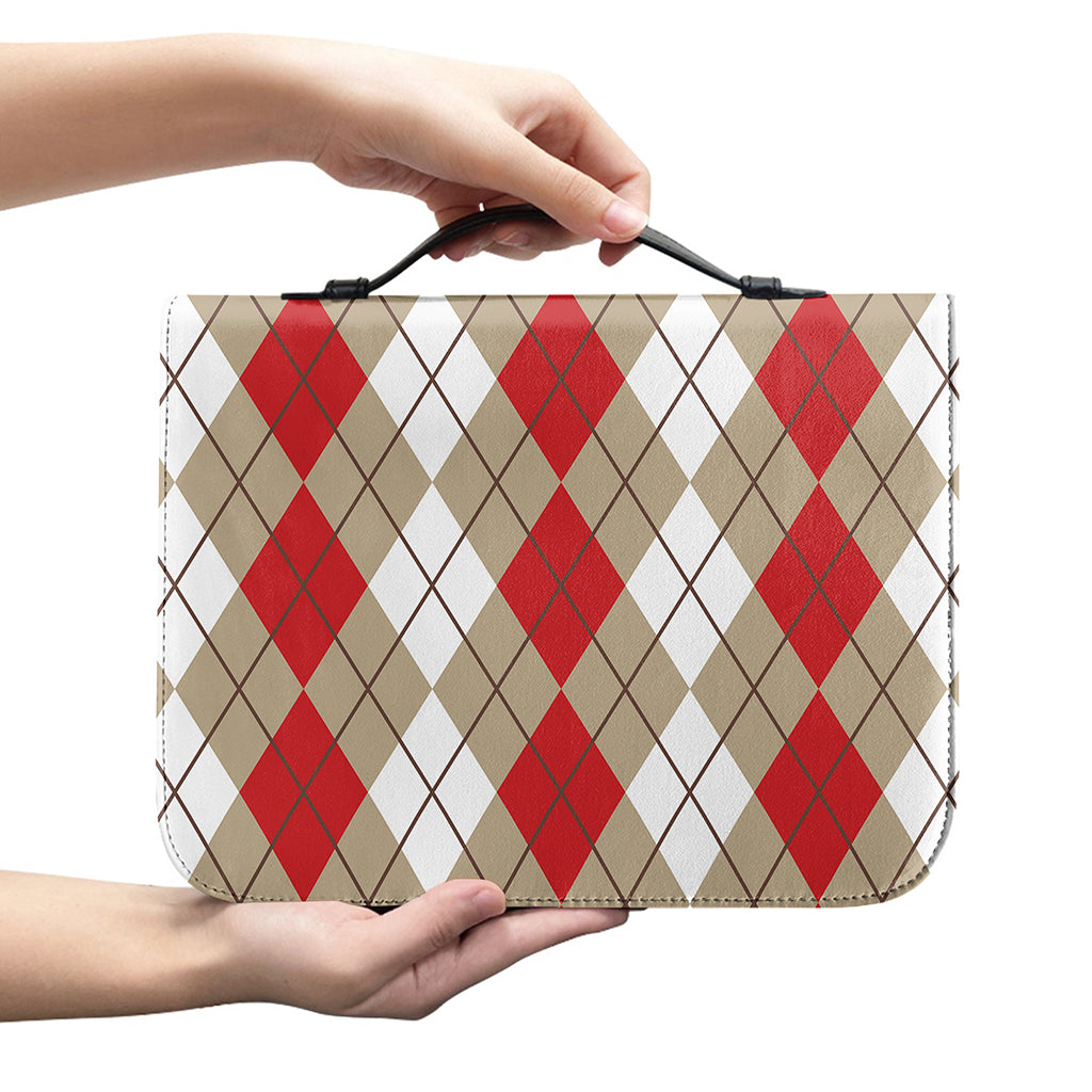 Red Beige And White Argyle Pattern Print Leather Bible Cover