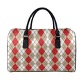 Red Beige And White Argyle Pattern Print Leather Duffel Bag