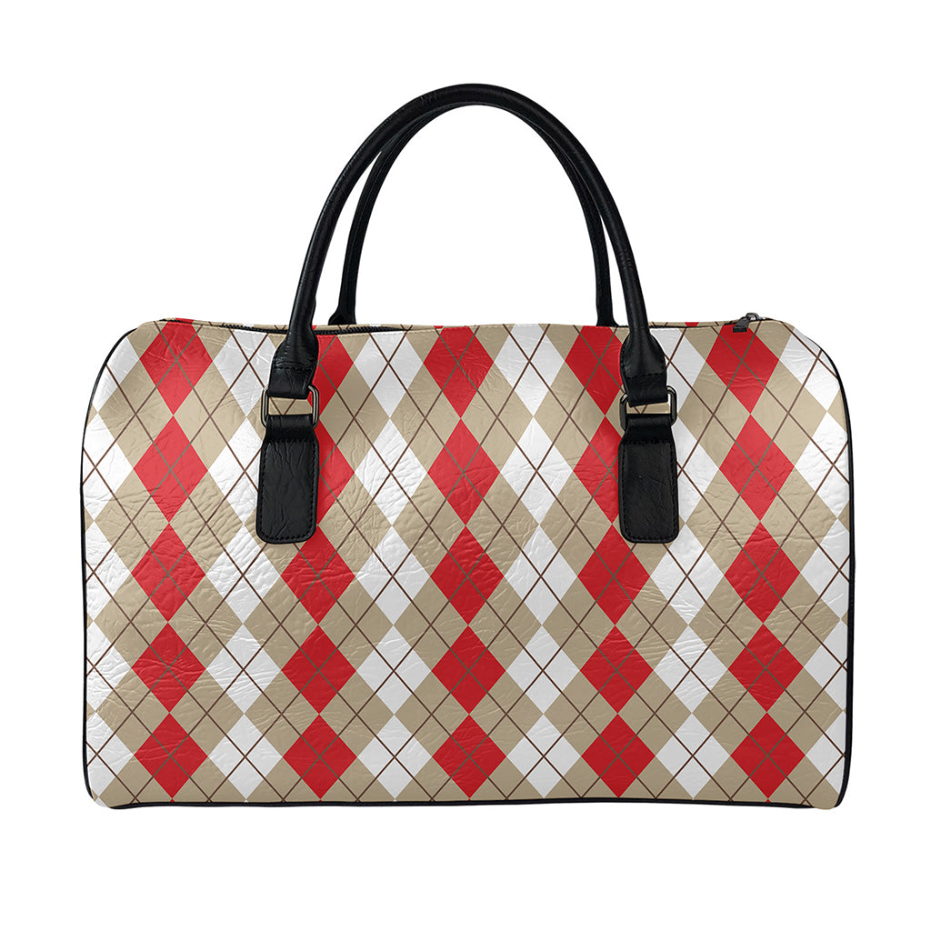 Red Beige And White Argyle Pattern Print Leather Duffle Bag