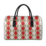 Red Beige And White Argyle Pattern Print Leather Duffle Bag
