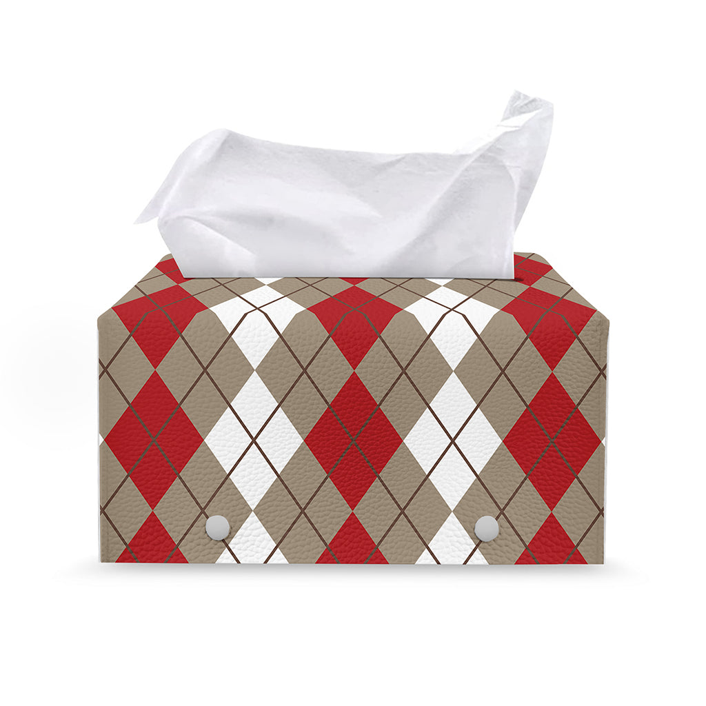 Red Beige And White Argyle Pattern Print Leather Tissue Box Cover