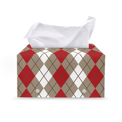Red Beige And White Argyle Pattern Print Leather Tissue Box Cover